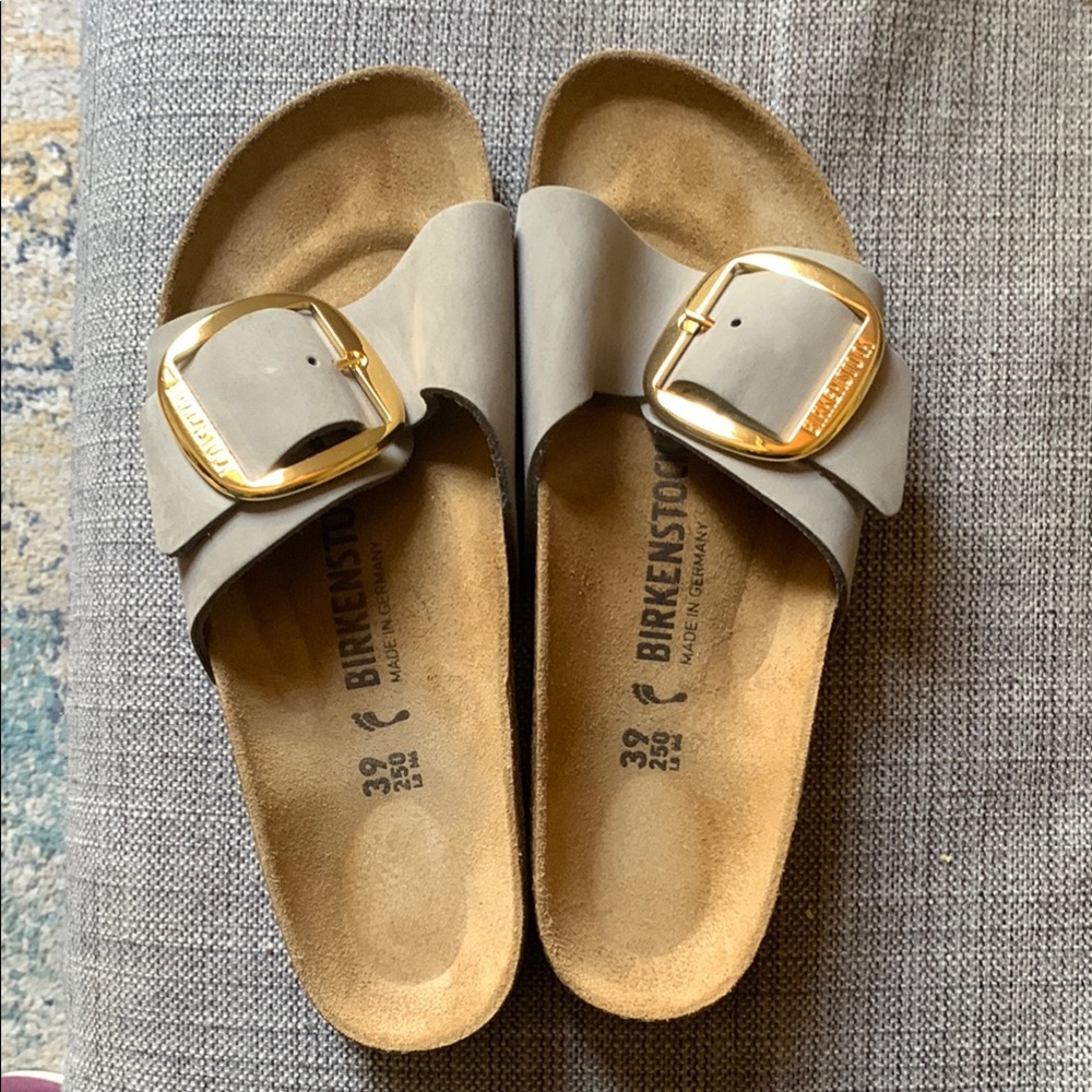 Birkenstock Gray Sandals with Gold Buckle